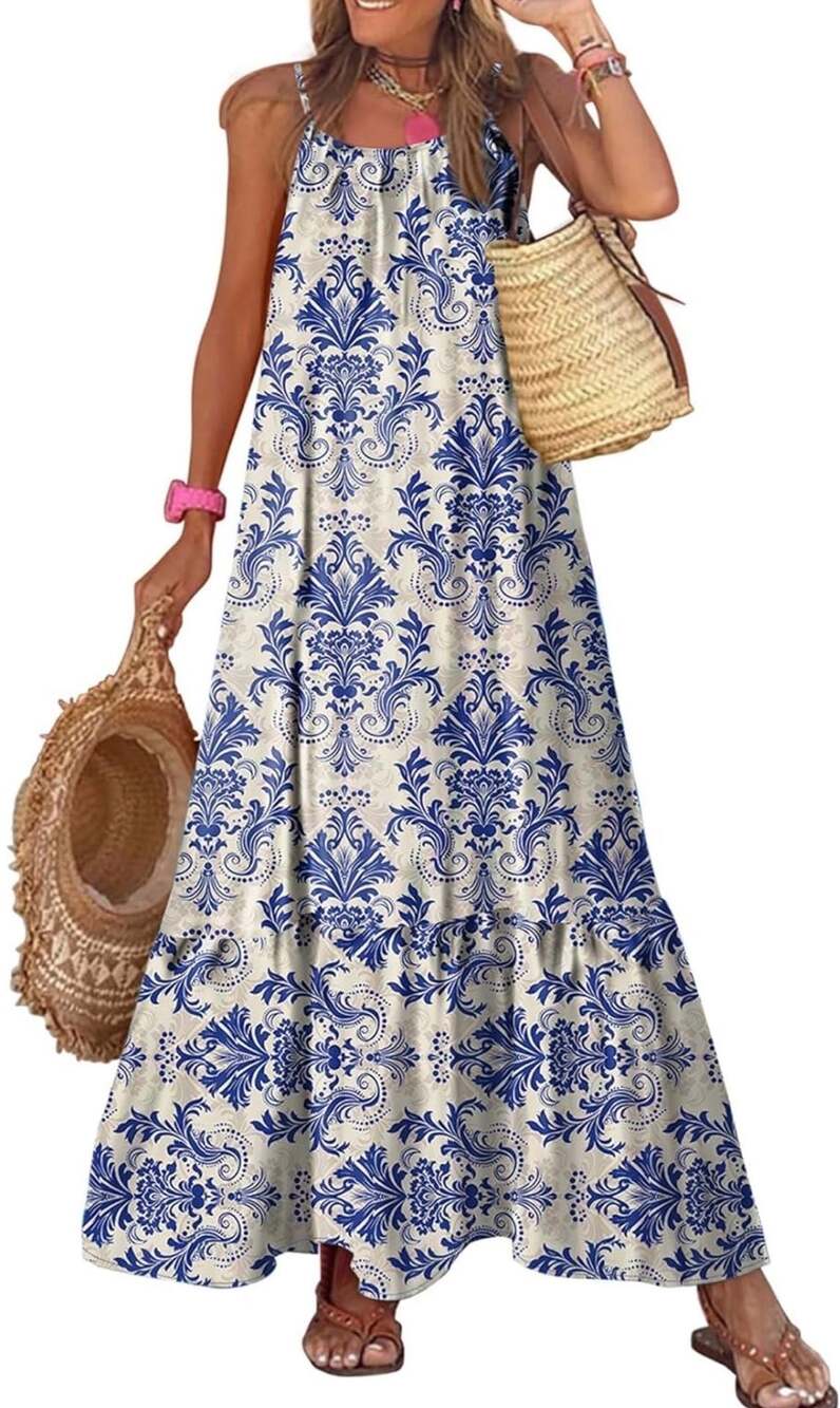 Dokotoo Blue Damask Print Spaghetti Strap Ruffle Hem Maxi Dress
